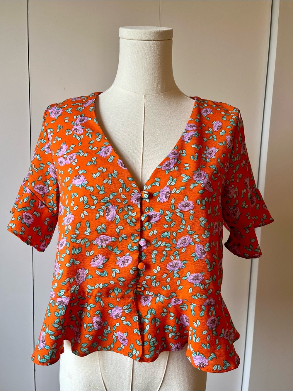 Everly Orange Floral V-Neck Ruffle Hem Blouse